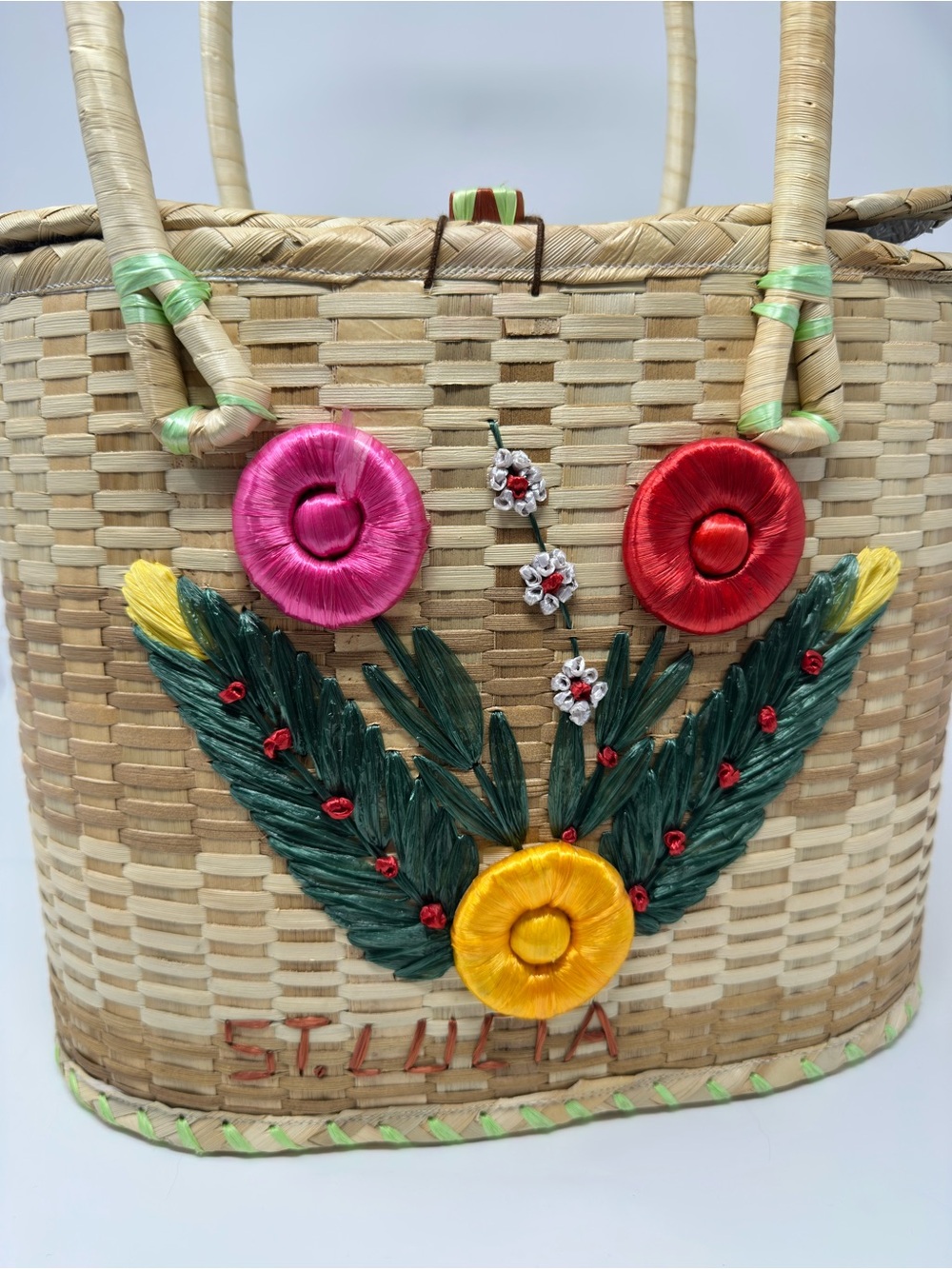 Floral Handmade Woven Handbag Picnic Basket St. Lucia Vacation Date Casual Straw